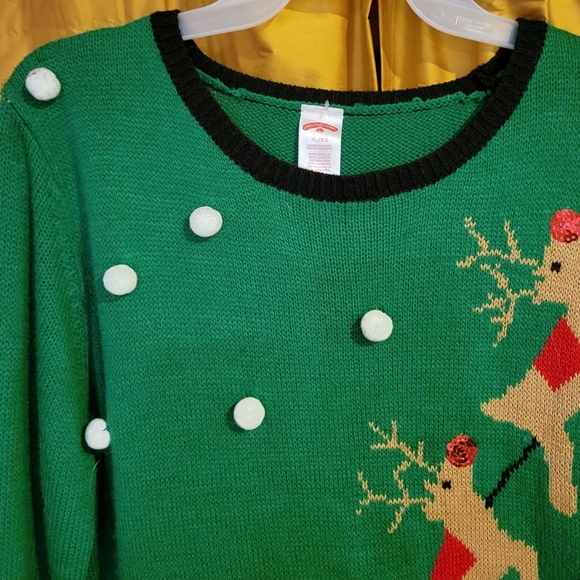 Santa Sequin Sleigh Christmas Sweater Green Holiday Time XL - Picture 4 of 8